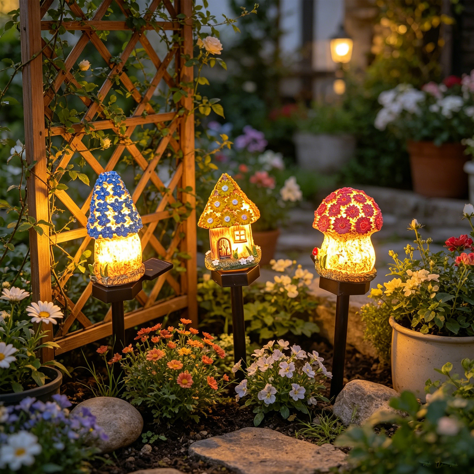 Outdoor Lighting Permanent - 15.9in Cute Resin Mushroom House Light,